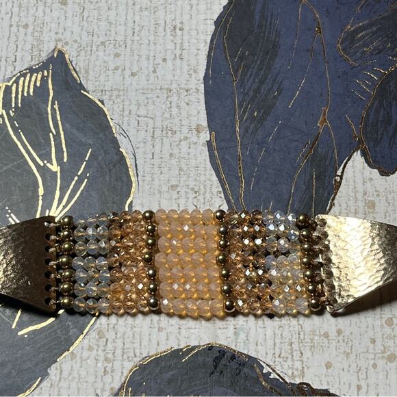 Estate Gold Metal and Gold White & Cream Sparkling Wide Beaded Bracelet D3 - Picture 9 of 12